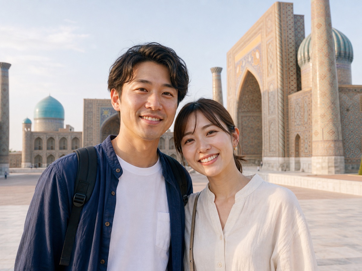 サマルカンドでのカップル旅行イメージ